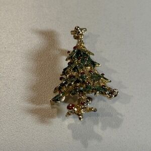 Vintage Christmas Tree Brooch Pin Gold Tone Red Green Holiday Jewelry